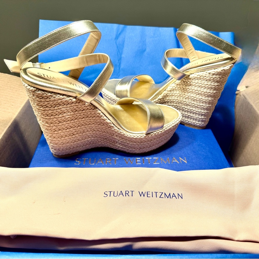 Stuart Weitzman Metallic Gold Alex Platform Wedge Sandals